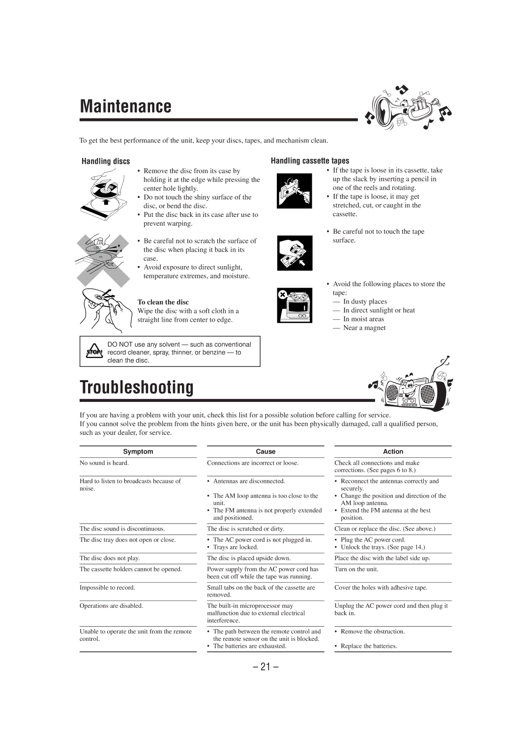 JVC MX-G50 manual Maintenance, Troubleshooting, Handling discs, Handling cassette tapes, To clean the disc 