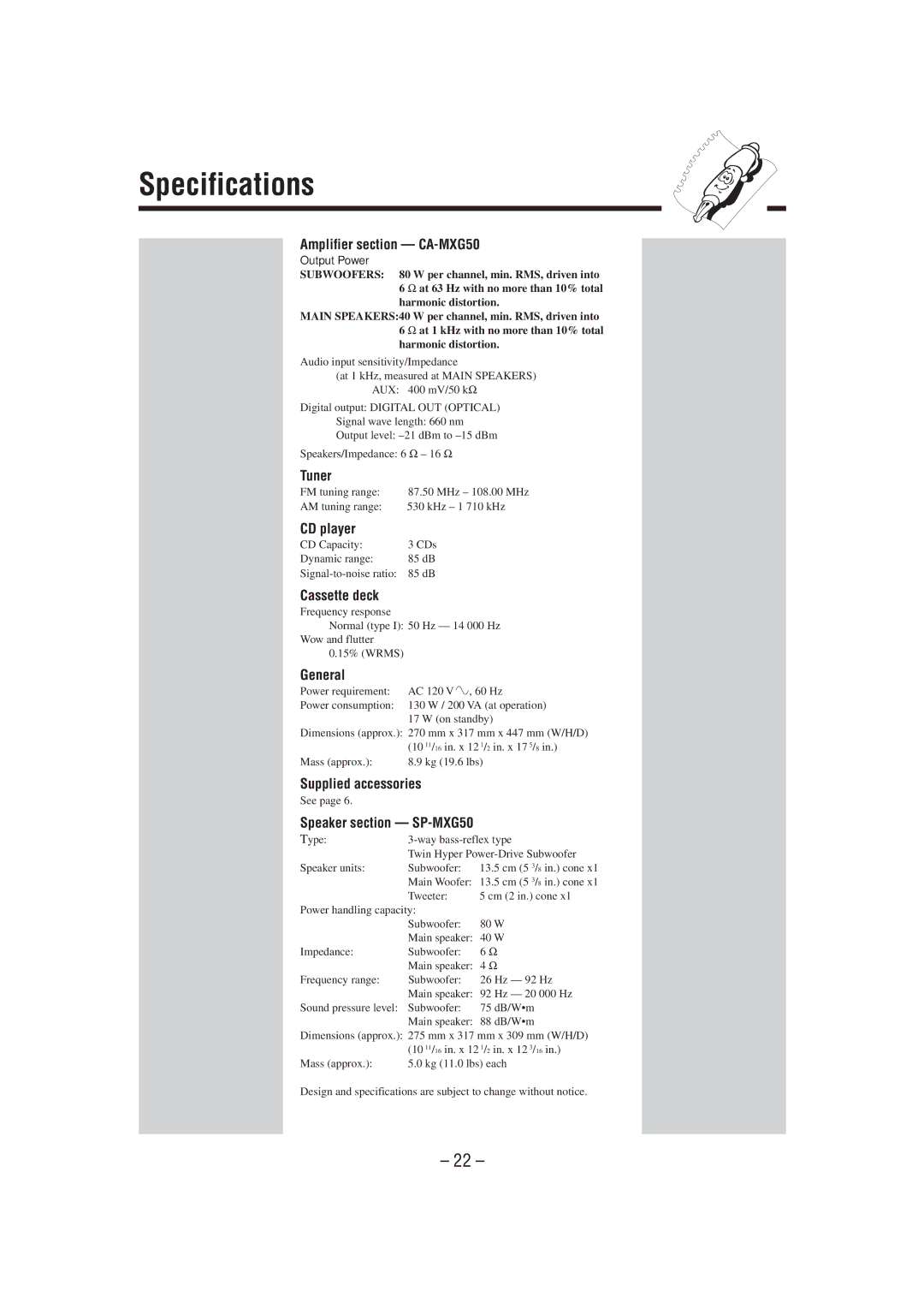 JVC MX-G50 manual Specifications 