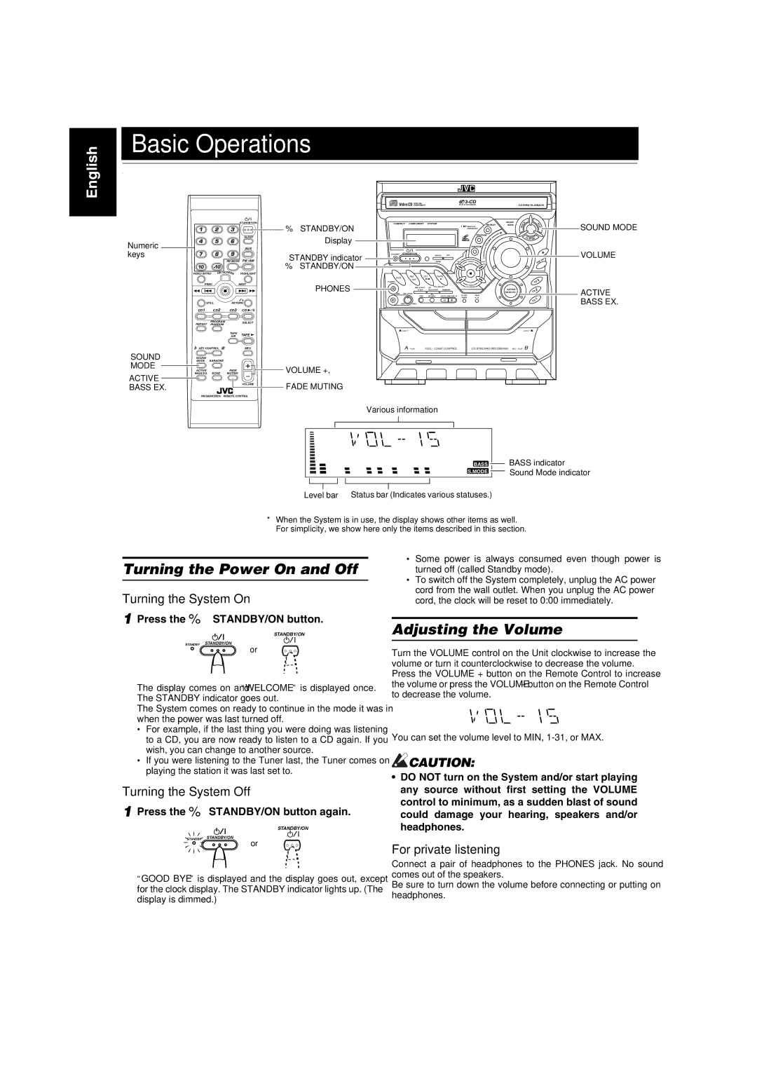 JVC SP-MXGA3V, MX-GA3V, LVT1091-001A, CA-MXGA3V manual Basic Operations, Turning the Power On and Off, Adjusting the Volume 