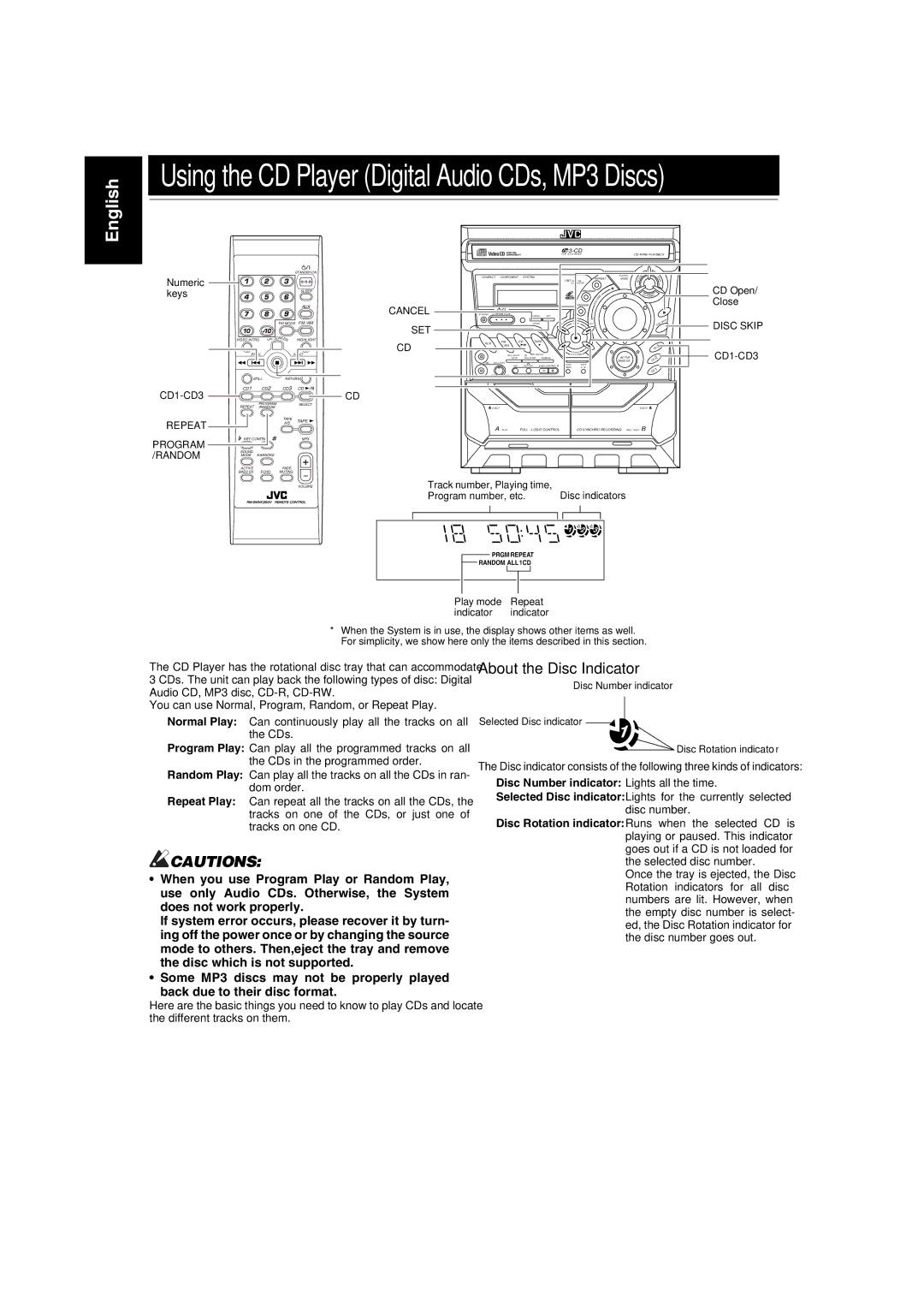 JVC SP-MXGA3V, MX-GA3V, LVT1091-001A About the Disc Indicator, Disc Number indicator Lights all the time, CD Open, Close 