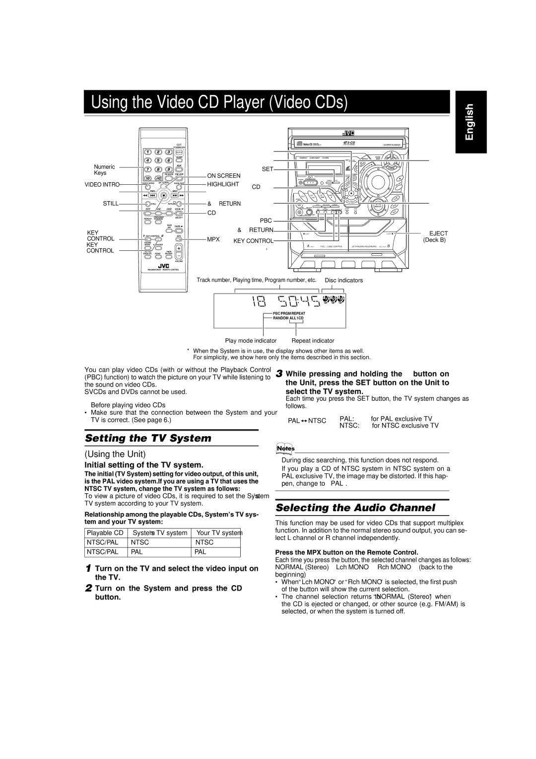 JVC CA-MXGA3V, MX-GA3V, SP-MXGA3V Using the Video CD Player Video CDs, Setting the TV System, Selecting the Audio Channel 