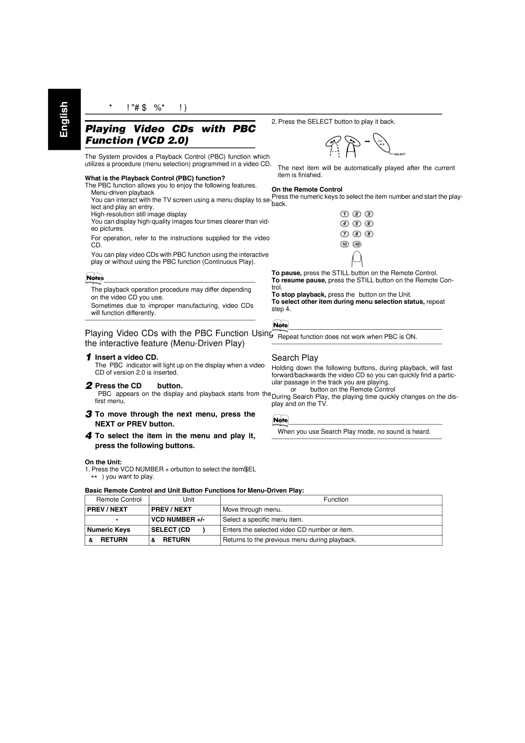 JVC MX-GA3V, LVT1091-001A Playing Video CDs with PBC Function VCD, Insert a video CD, Press the CD 6 button, Numeric Keys 