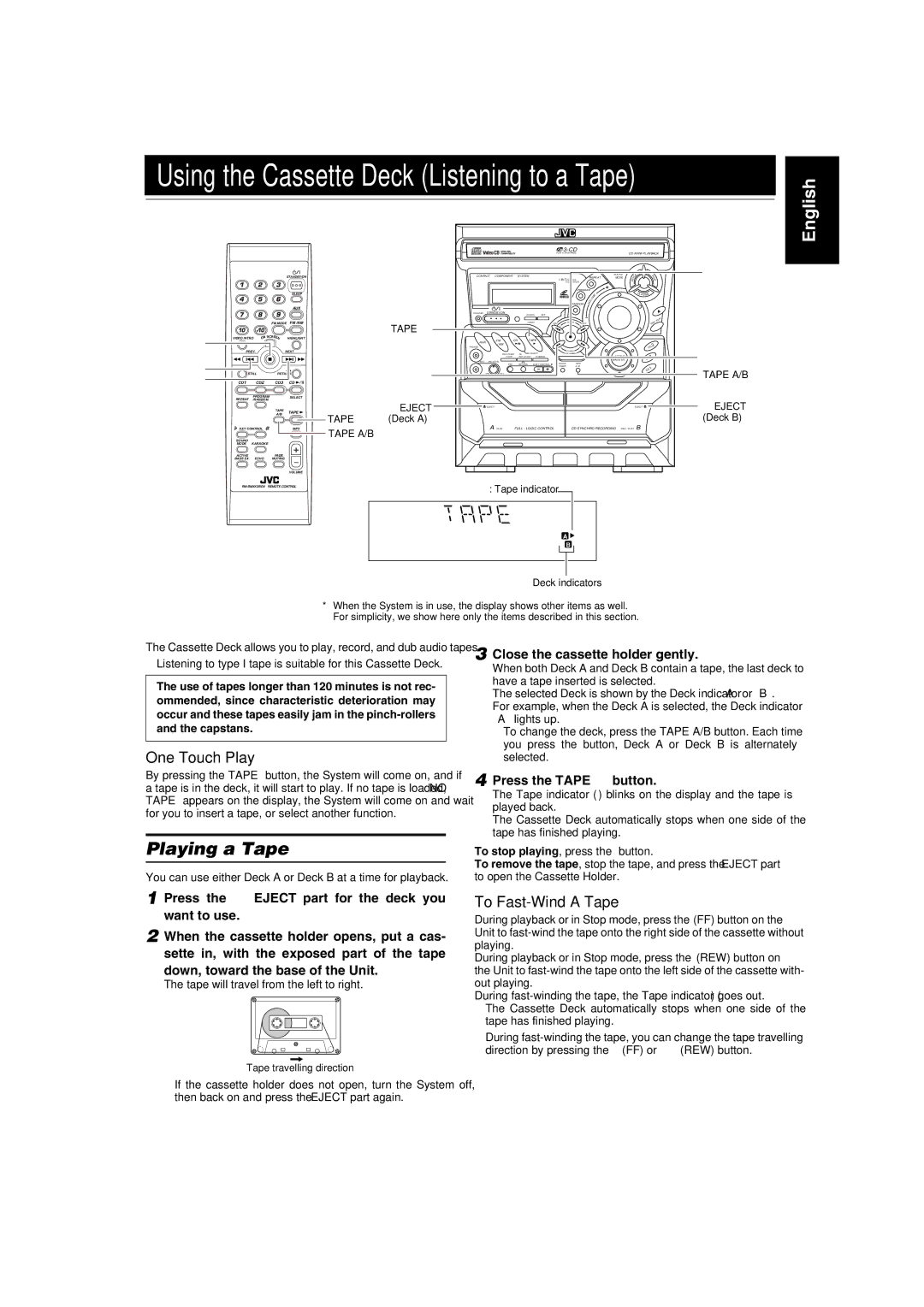 JVC CA-MXGA3V, MX-GA3V manual Playing a Tape, To Fast-Wind a Tape, Close the cassette holder gently, Press the Tape 3 button 