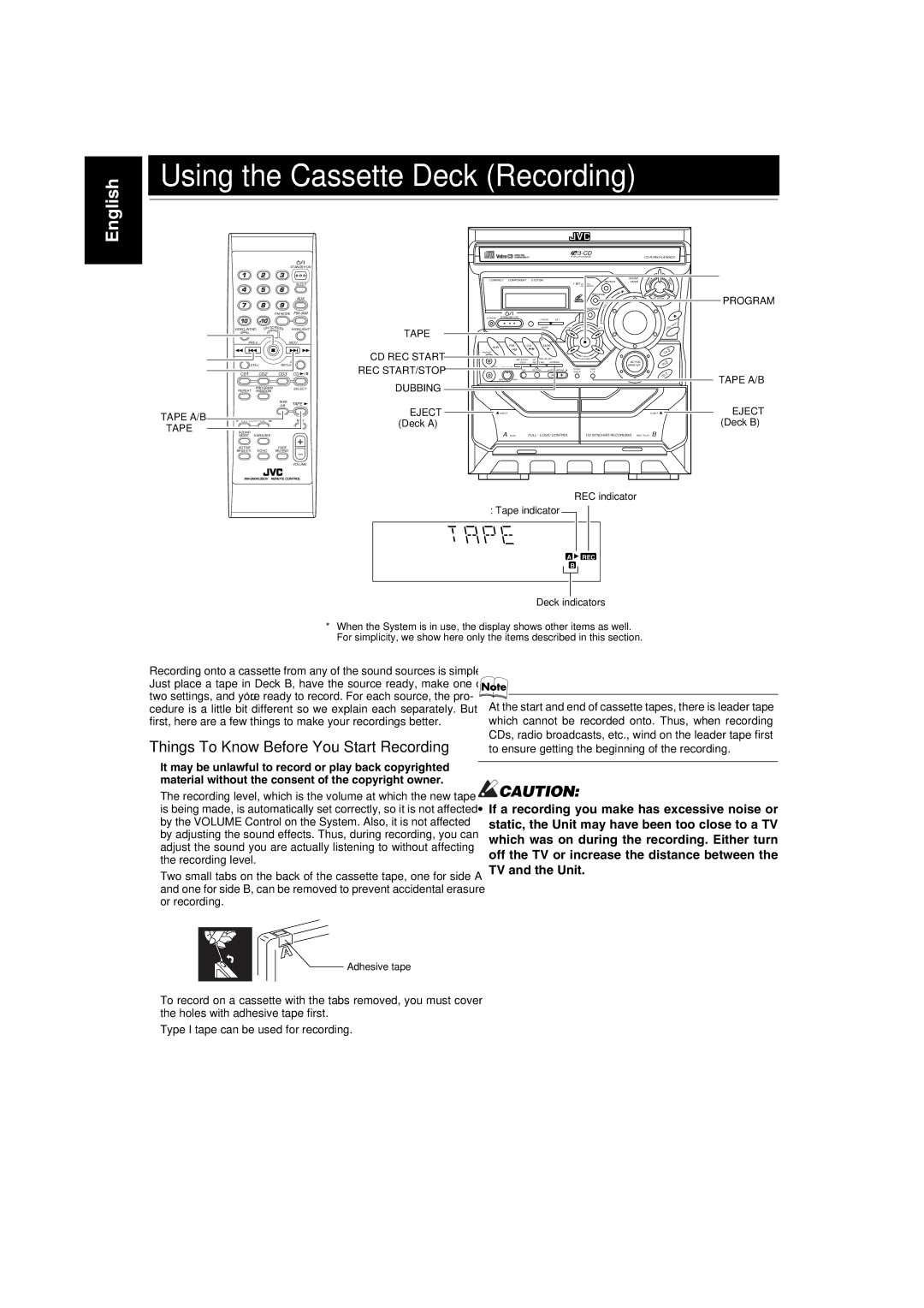 JVC MX-GA3V, LVT1091-001A, SP-MXGA3V, CA-MXGA3V Using the Cassette Deck Recording, Things To Know Before You Start Recording 