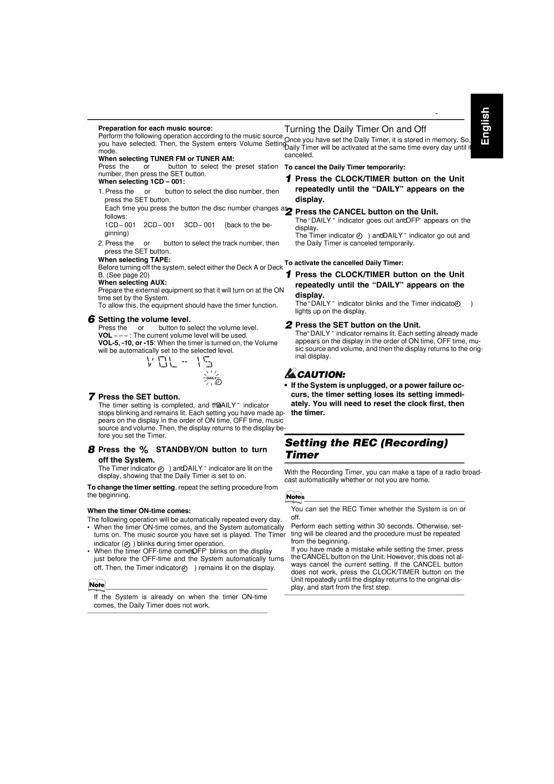 JVC LVT1091-001A, MX-GA3V, SP-MXGA3V, CA-MXGA3V manual Setting the REC Recording Timer, Turning the Daily Timer On and Off 