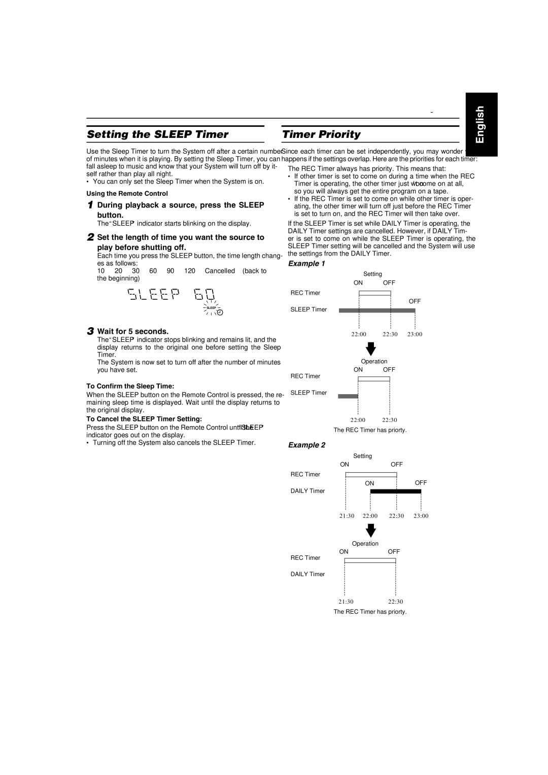 JVC CA-MXGA3V, MX-GA3V, SP-MXGA3V Setting the Sleep Timer, Timer Priority, During playback a source, press the Sleep button 