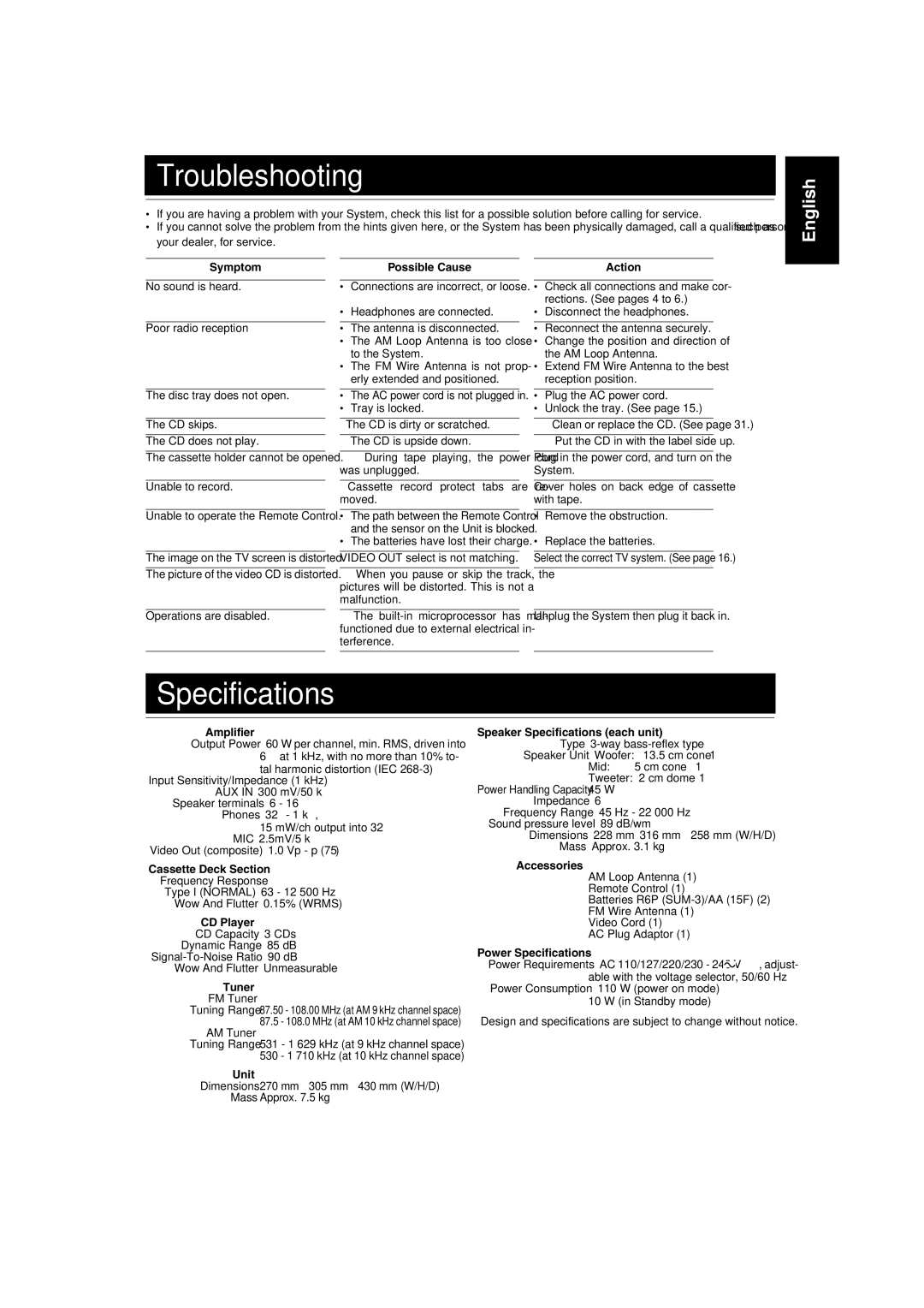 JVC CA-MXGA3V, MX-GA3V, LVT1091-001A, SP-MXGA3V manual Troubleshooting, Specifications 