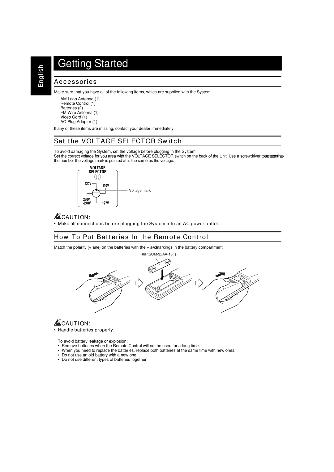 JVC SP-MXGA3V Getting Started, Accessories, Set the Voltage Selector Switch, How To Put Batteries In the Remote Control 