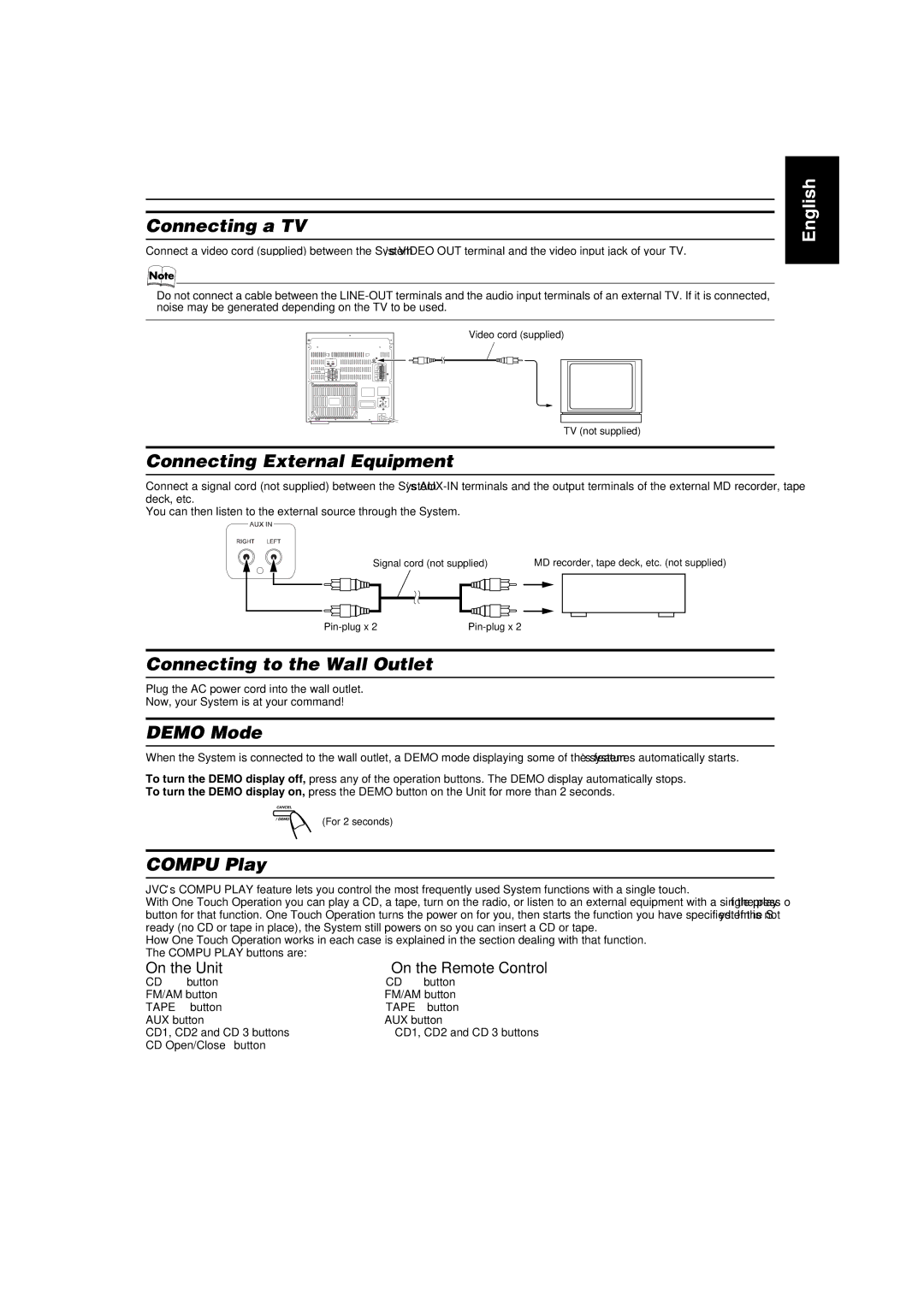 JVC LVT1091-001A Connecting a TV, Connecting External Equipment, Connecting to the Wall Outlet, Demo Mode, Compu Play 