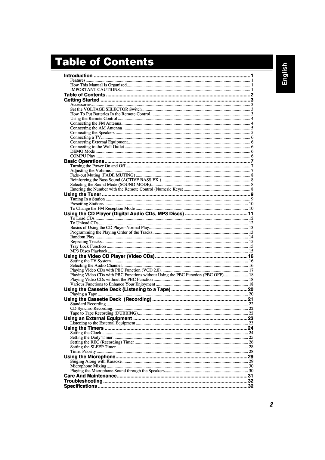 JVC LVT1091-001A, MX-GA3V, SP-MXGA3V, CA-MXGA3V manual Table of Contents, English 