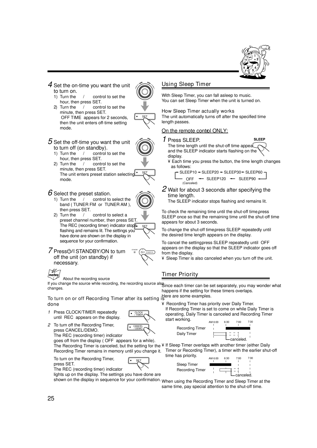 JVC SP-MXGT88, MX-GA77, MX-GT88, SP-MXGA77 manual Using Sleep Timer, Timer Priority 