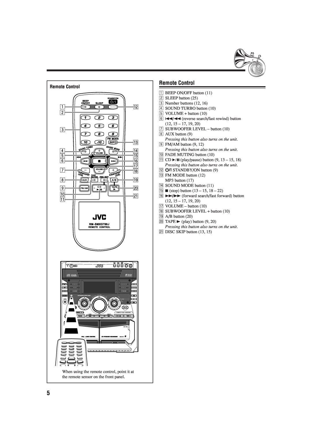 JVC SP-MXGA77, MX-GA77, MX-GT88, SP-MXGT88 manual Remote Control 