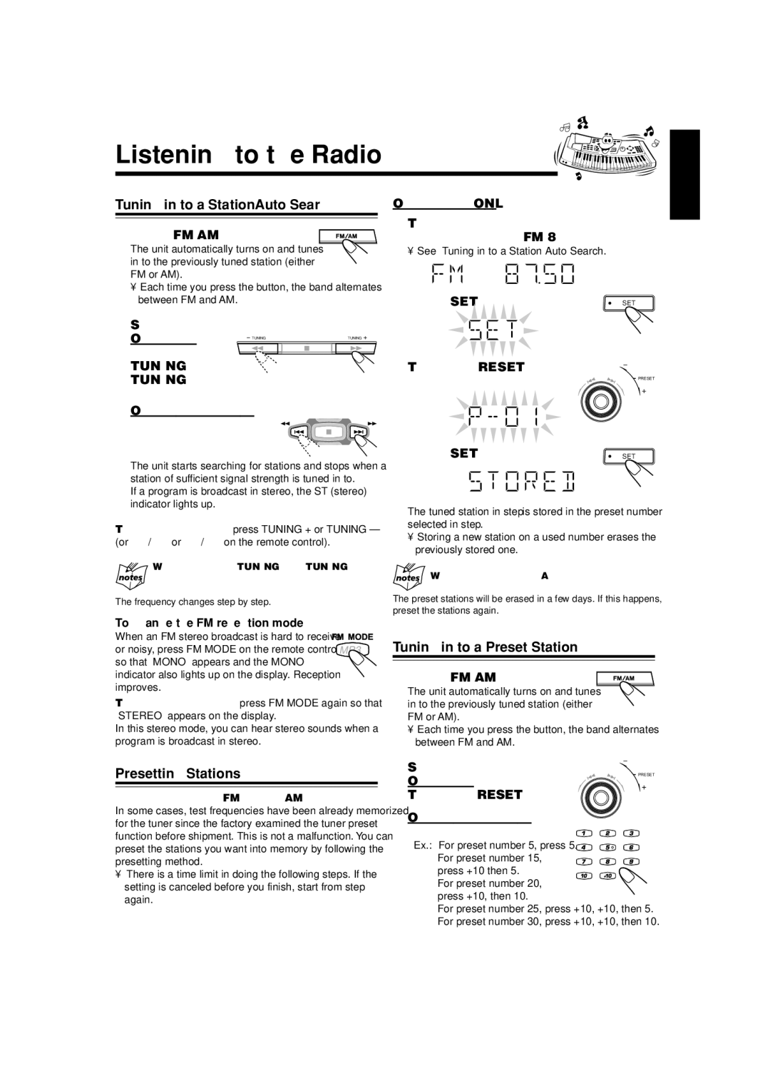 JVC MX-GA8 Listening to the Radio, Tuning in to a Station-Auto Search, Tuning in to a Preset Station, Presetting Stations 
