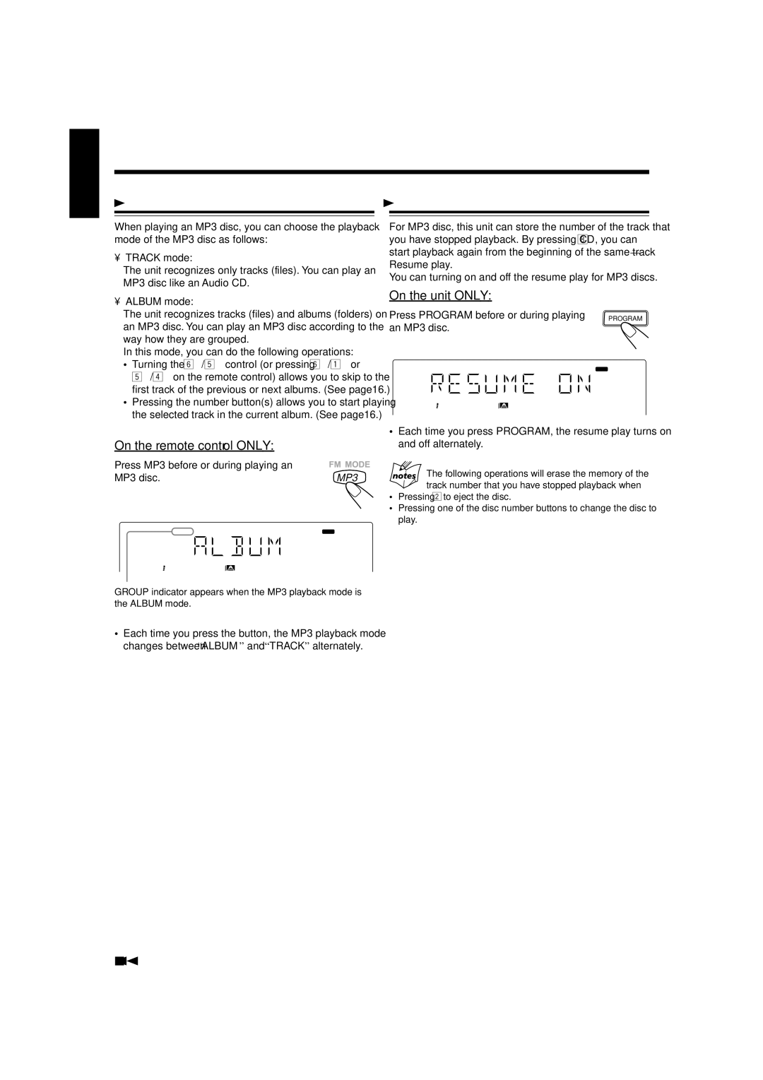 JVC MX-GA8 Changing the MP3 Playback Mode, Turning On or Off the Resume Play for MP3 Disc, On the remote control only 