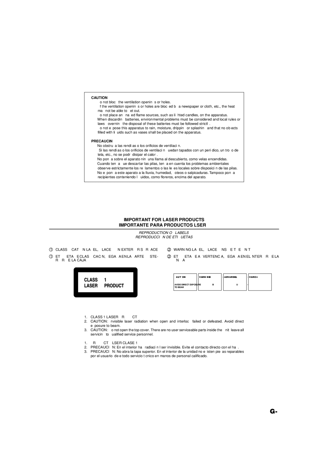 JVC MX-GA8 manual Important for Laser Products Importante Para Productos Láser 