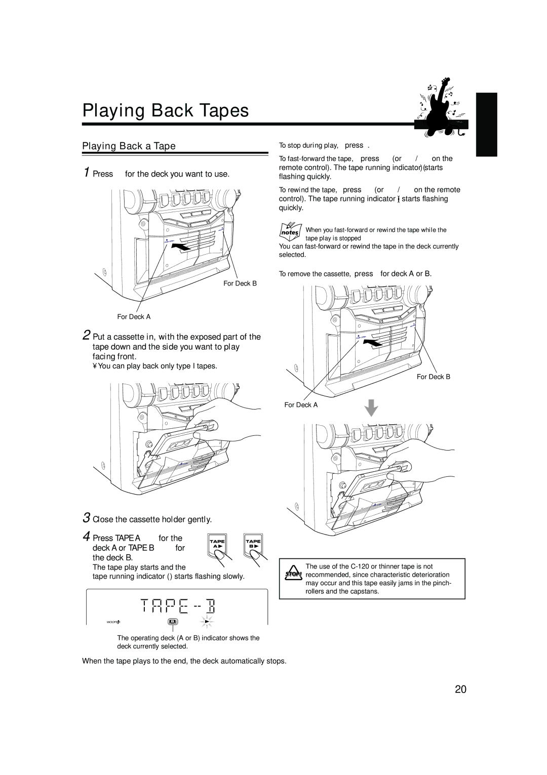 JVC MX-GB5 manual Playing Back Tapes, Playing Back a Tape, Press, To remove the cassette, press 0for deck a or B 