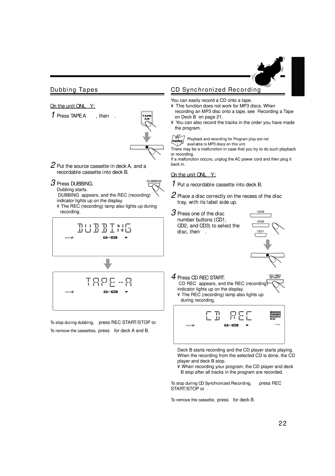 JVC MX-GB5 Dubbing Tapes, CD Synchronized Recording, Press CD REC Start, To remove the cassettes, press 0 for deck a and B 