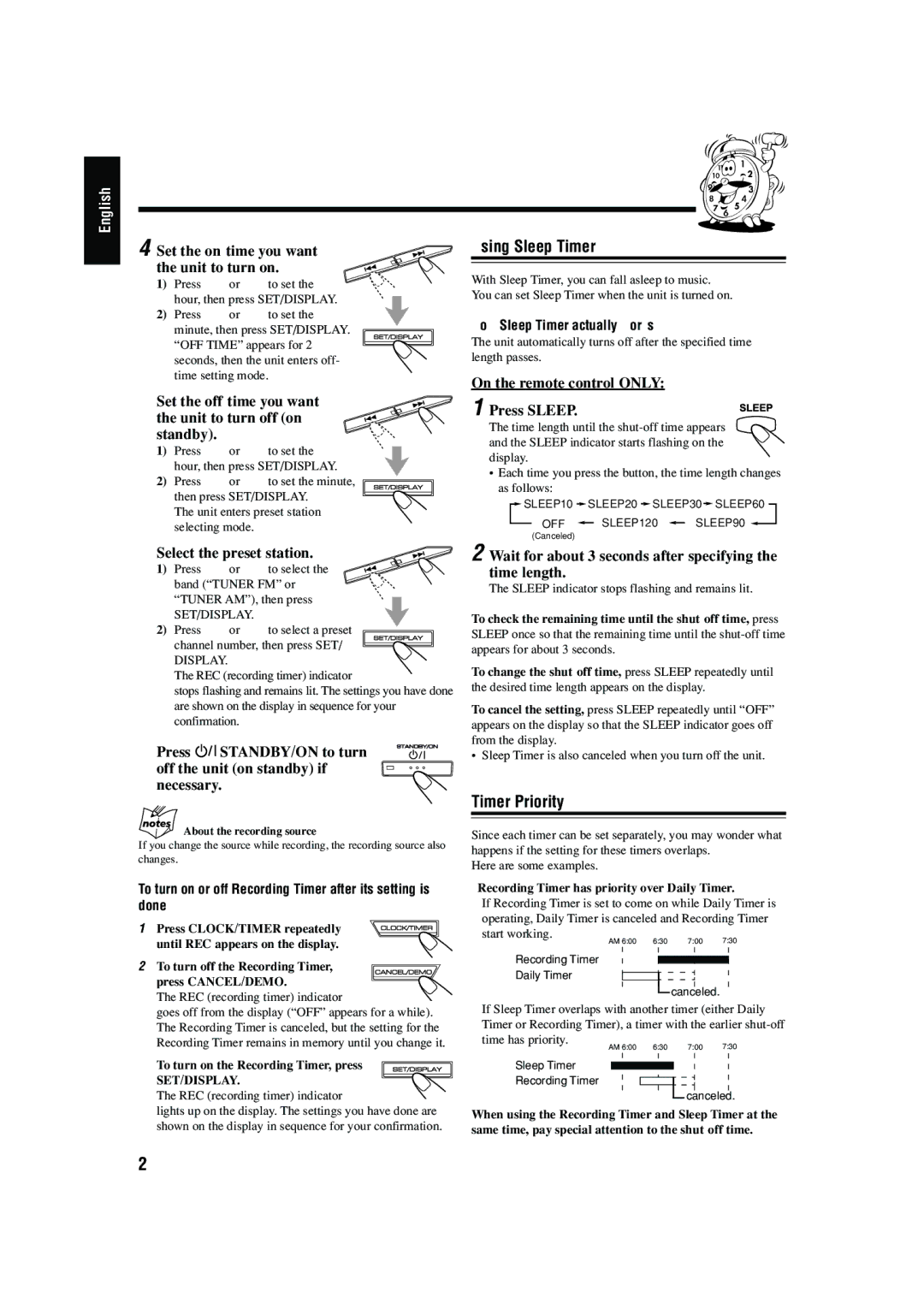 JVC MX-GB5 manual Using Sleep Timer, Timer Priority 