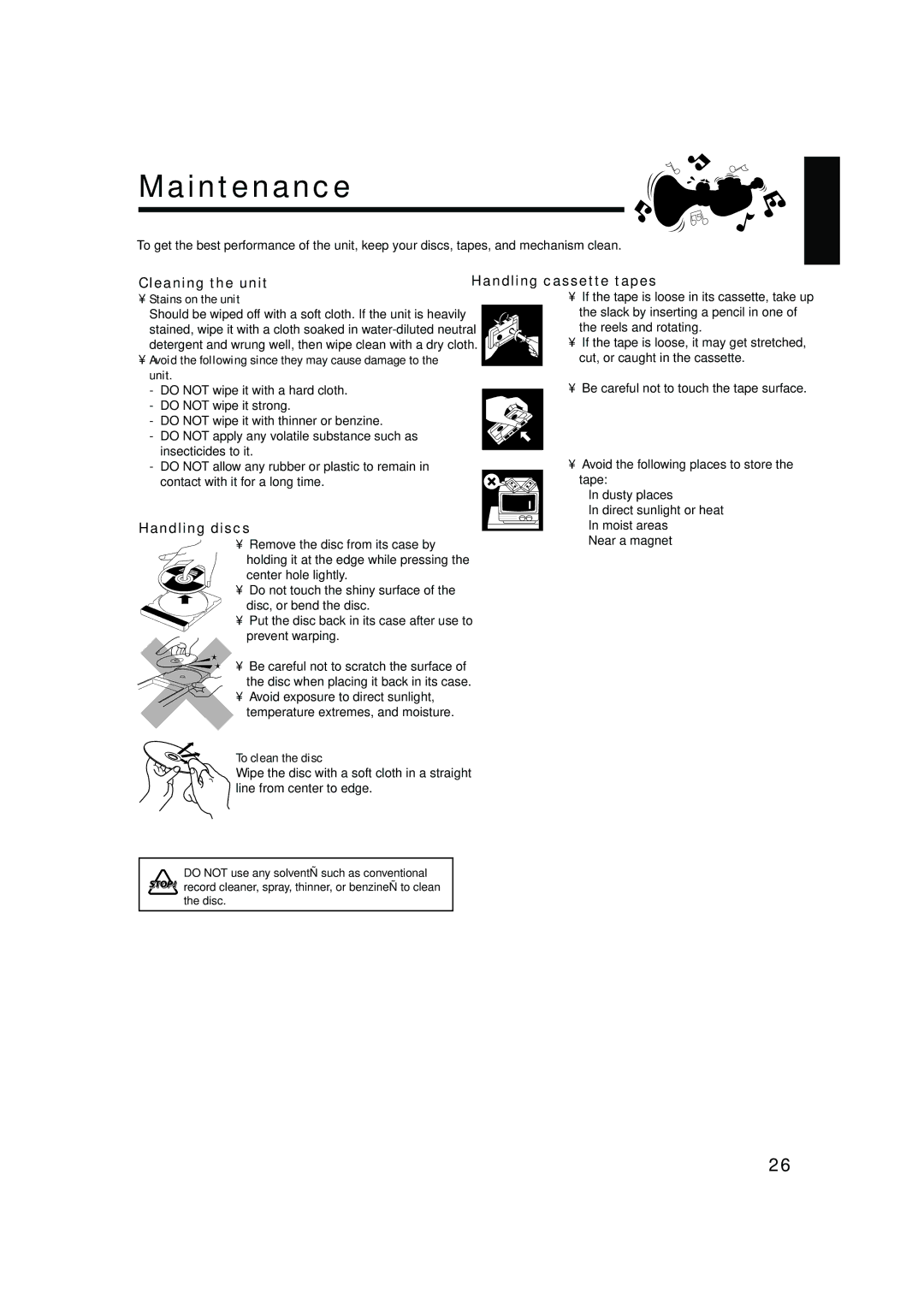 JVC MX-GB5 manual Maintenance, Cleaning the unit, Handling discs, Handling cassette tapes 