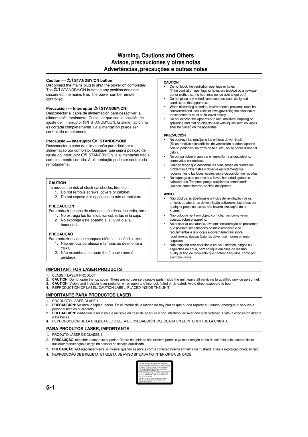 JVC MX-GB5 manual Warning, Cautions and Others Avisos, precauciones y otras notas, Advertências, precauções e outras notas 