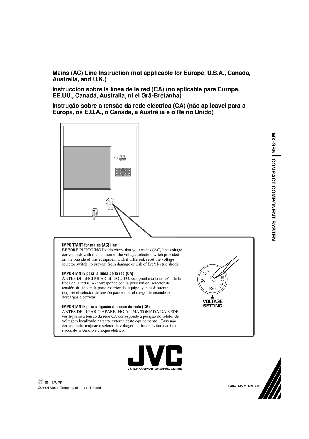 JVC manual MX-GB5 COMPACT COMPONENT SYSTEM, Voltage Setting 