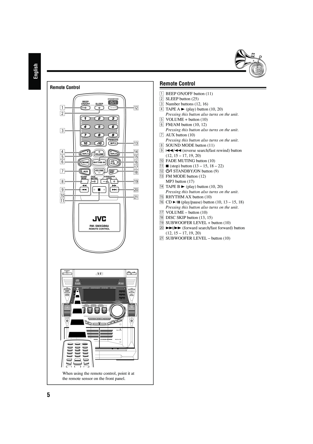 JVC MX-GB5 manual Remote Control, English 