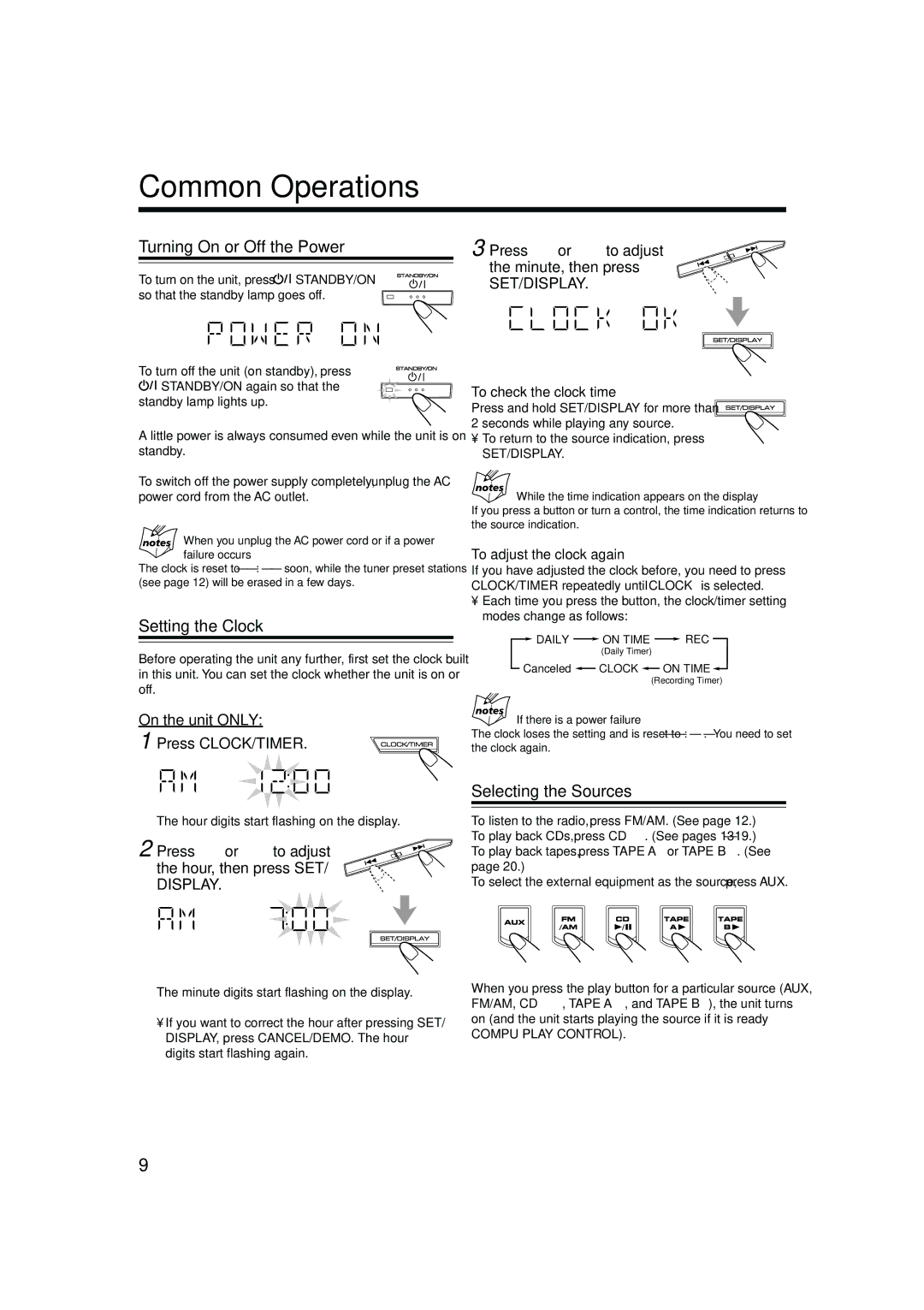 JVC MX-GB5C manual Common Operations, Turning On or Off the Power, Setting the Clock, Selecting the Sources 