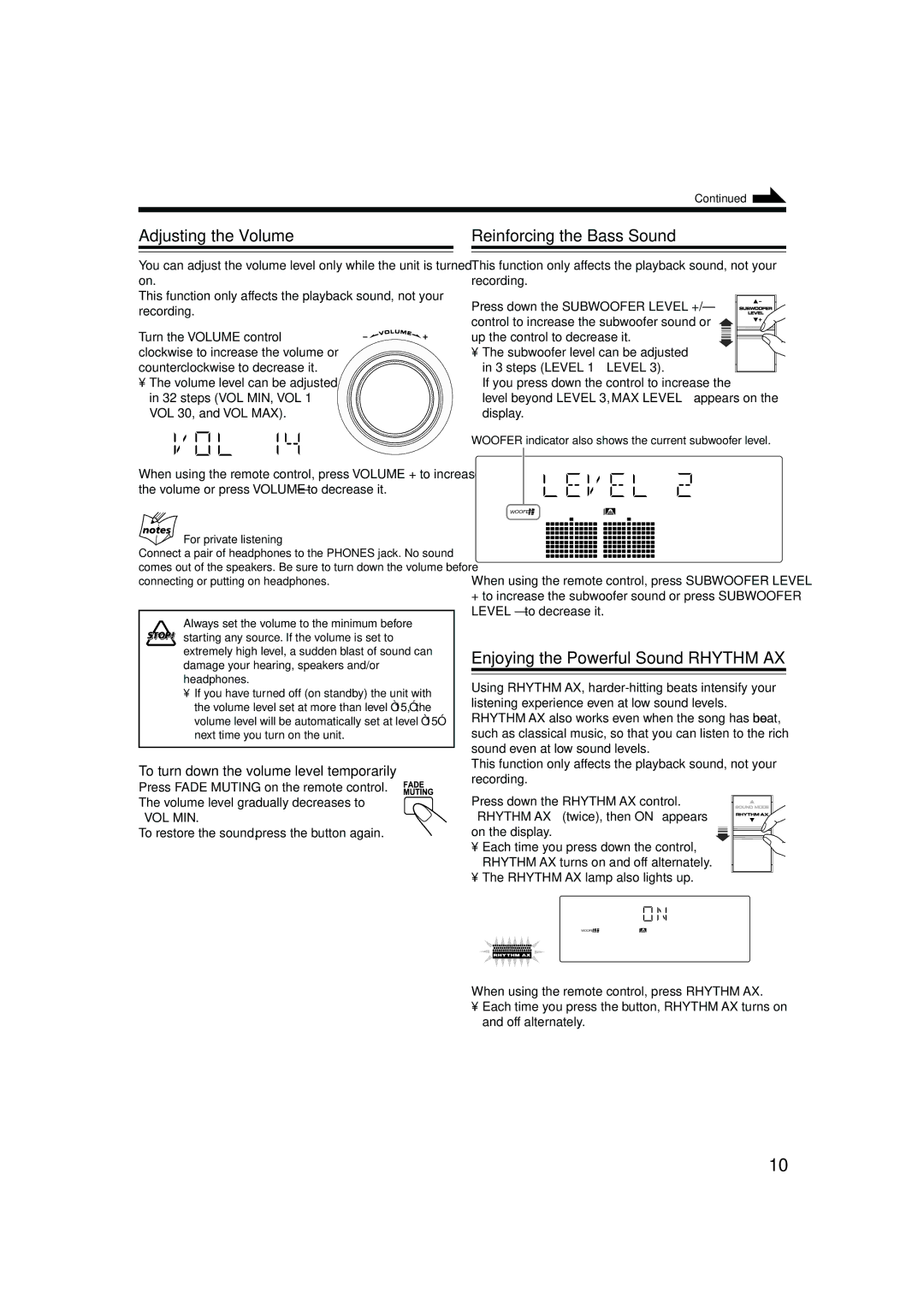 JVC MX-GB5C manual Adjusting the Volume, Reinforcing the Bass Sound, Enjoying the Powerful Sound-RHYTHM AX 
