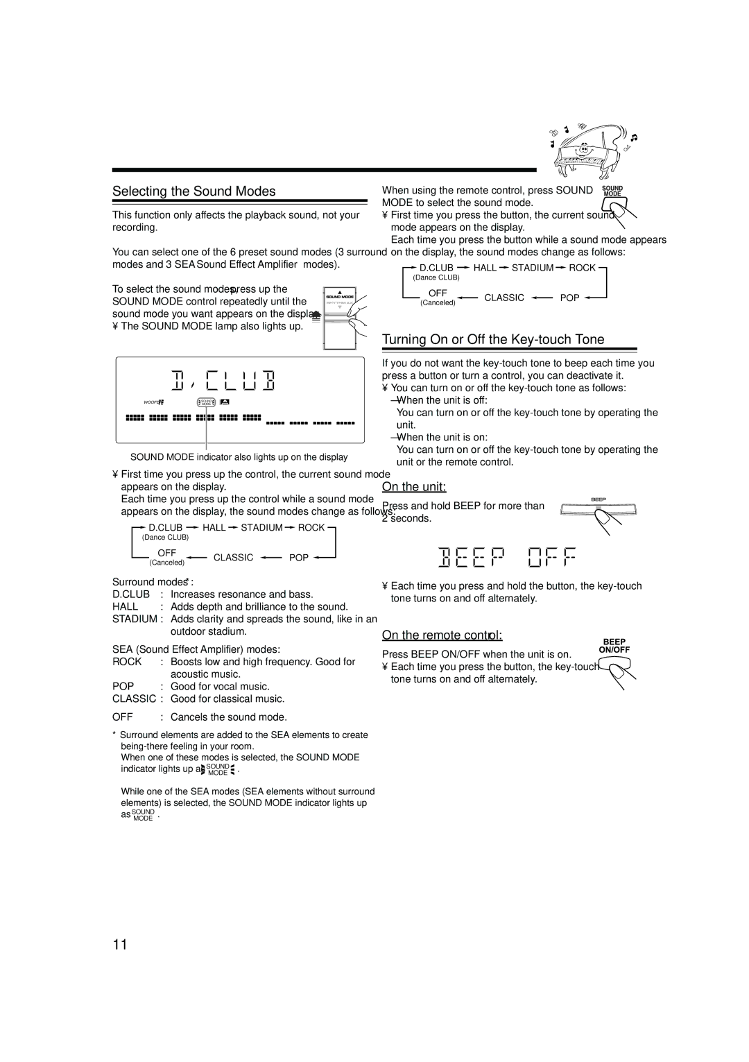 JVC MX-GB5C manual Selecting the Sound Modes, Turning On or Off the Key-touch Tone, On the unit, On the remote control 