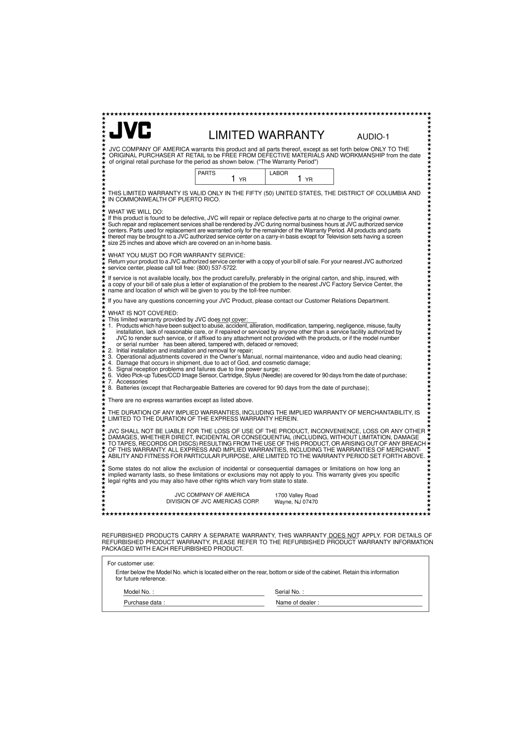 JVC MX-GB5C manual Limited Warranty 