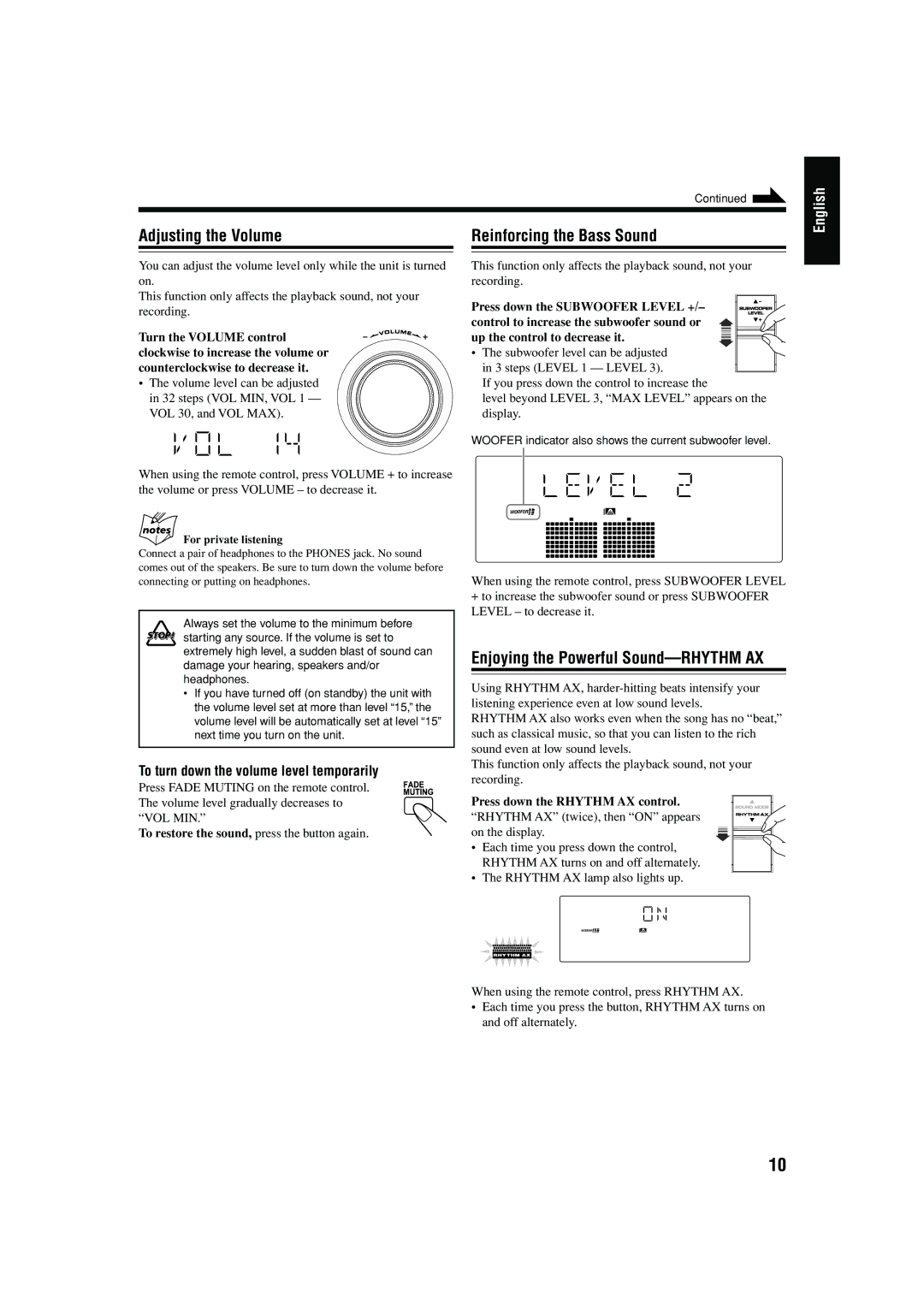 JVC MX-GB5C manual Adjusting the Volume Reinforcing the Bass Sound, For private listening 