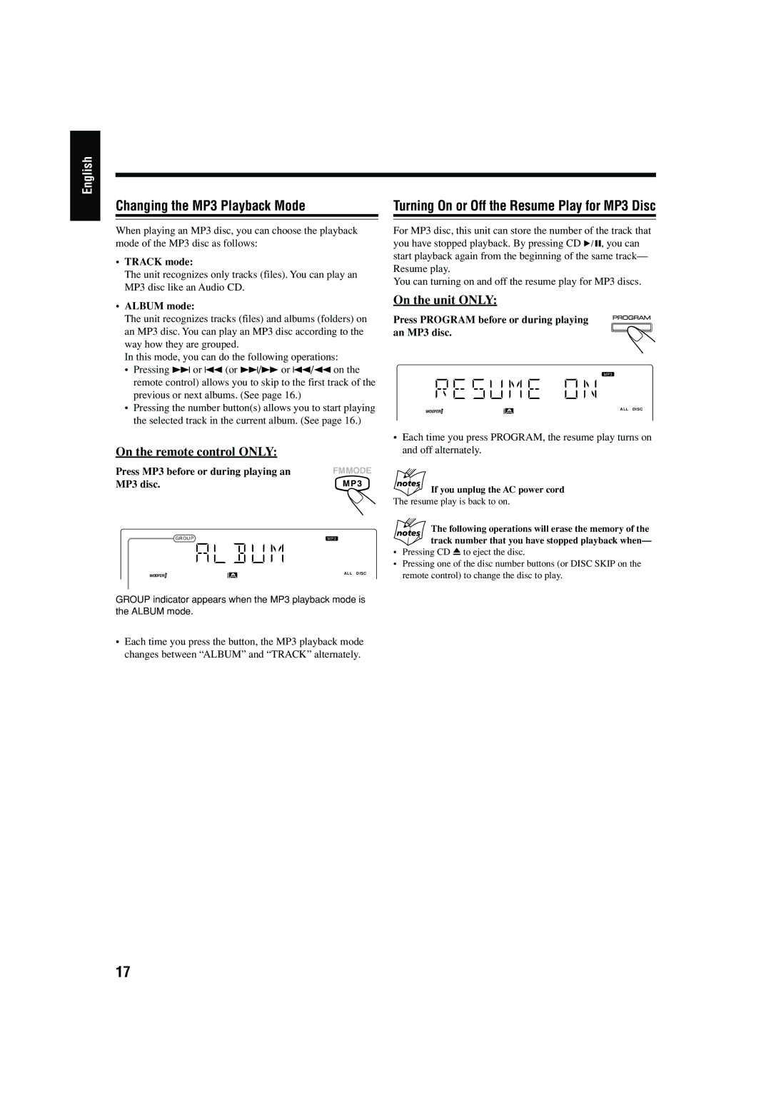 JVC MX-GB5C manual Changing the MP3 Playback Mode 