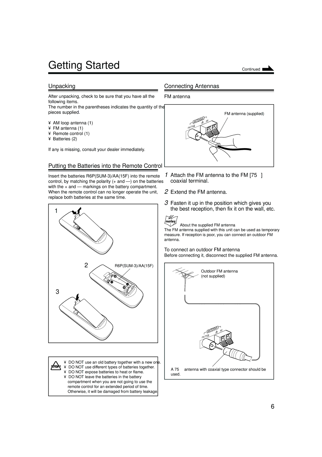 JVC MX-GB5C manual Getting Started, Unpacking, Connecting Antennas, To connect an outdoor FM antenna 