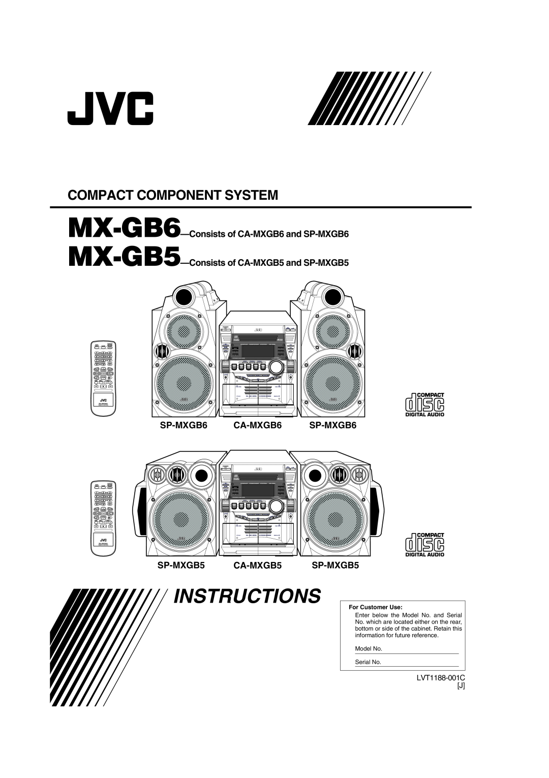 JVC MX-GB5C manual Instructions, Compact Component System, MX-GB6-Consistsof CA-MXGB6and SP-MXGB6, LVT1188-001CJ 