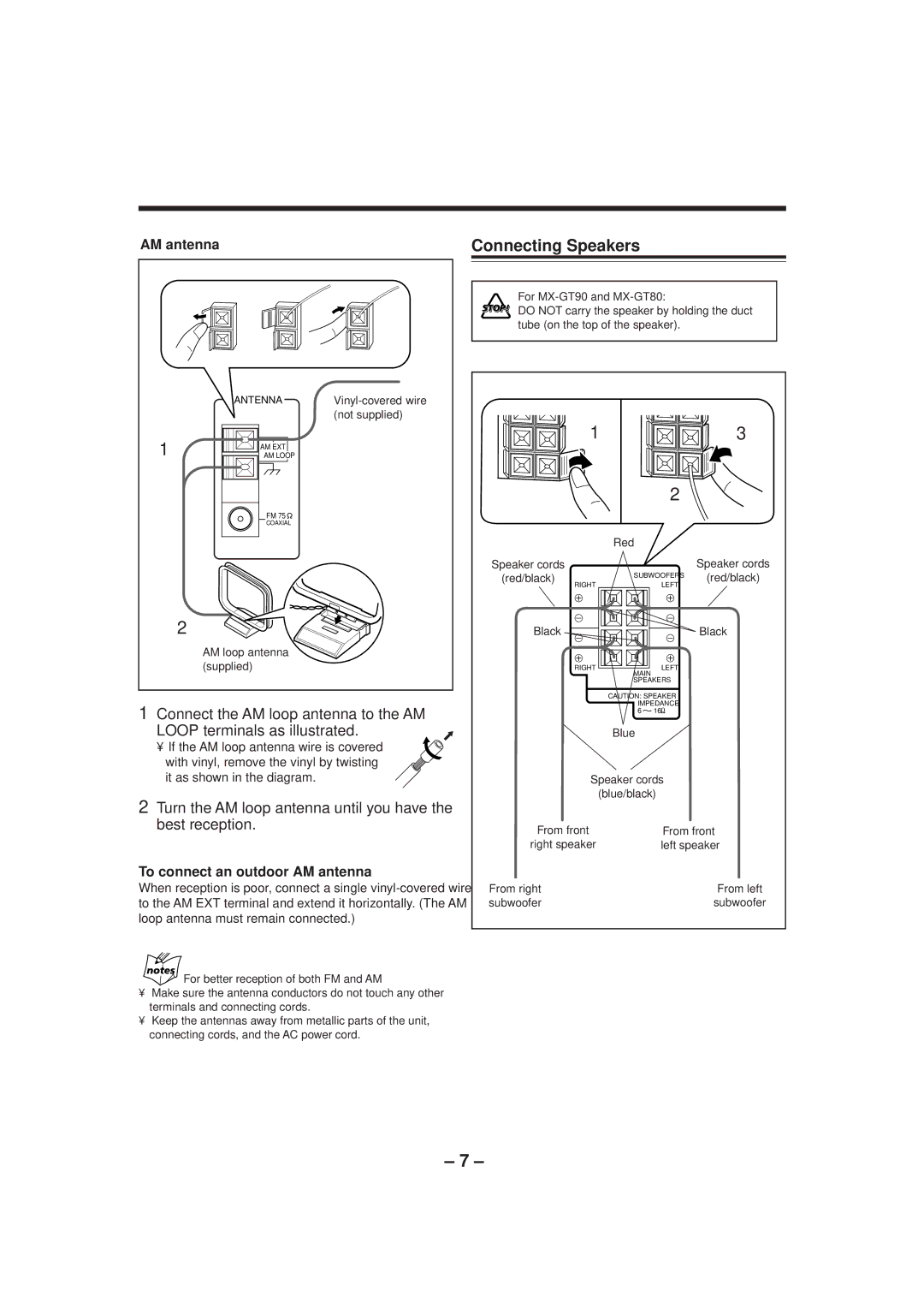 JVC MX-GT70 manual Connecting Speakers, Turn the AM loop antenna until you have the best reception, AM antenna 