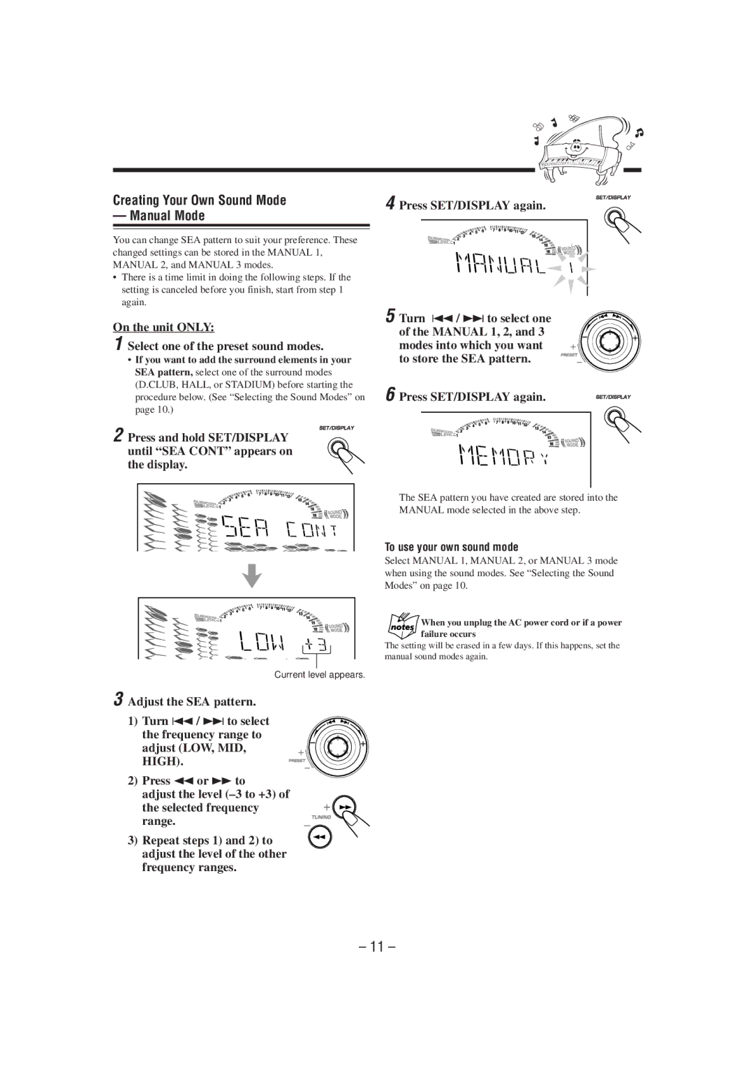 JVC MX-GT70 manual Creating Your Own Sound Mode Manual Mode, On the unit only Select one of the preset sound modes 