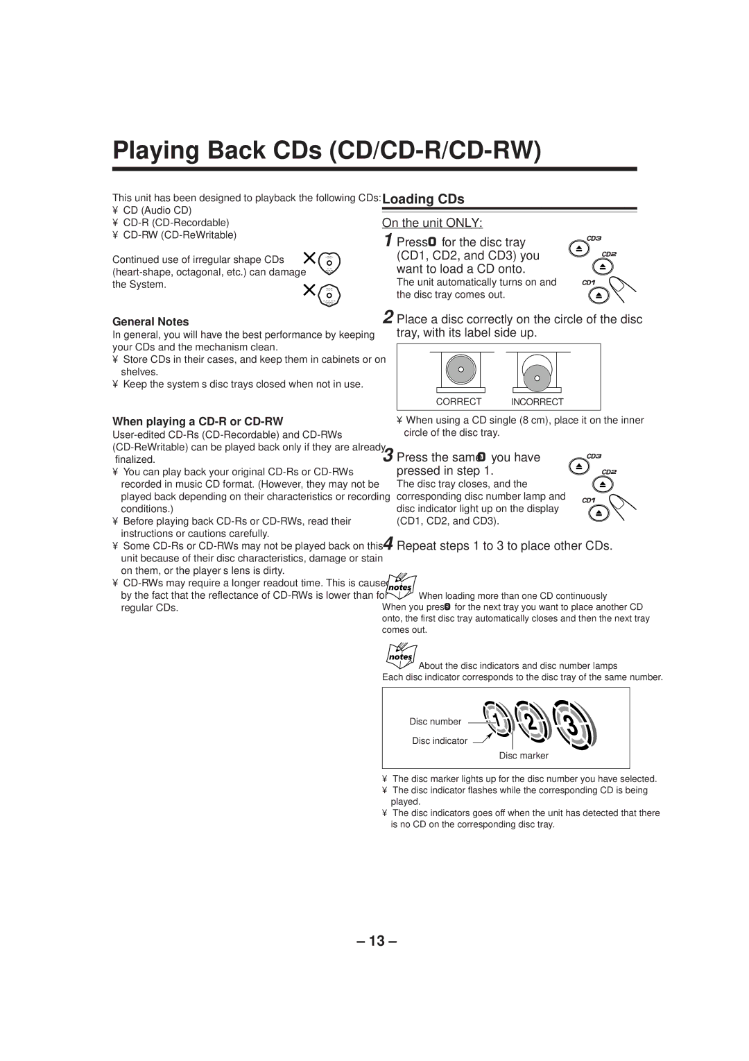 JVC MX-GT70 manual Playing Back CDs CD/CD-R/CD-RW, Loading CDs, Press the same 0 you have pressed in step 