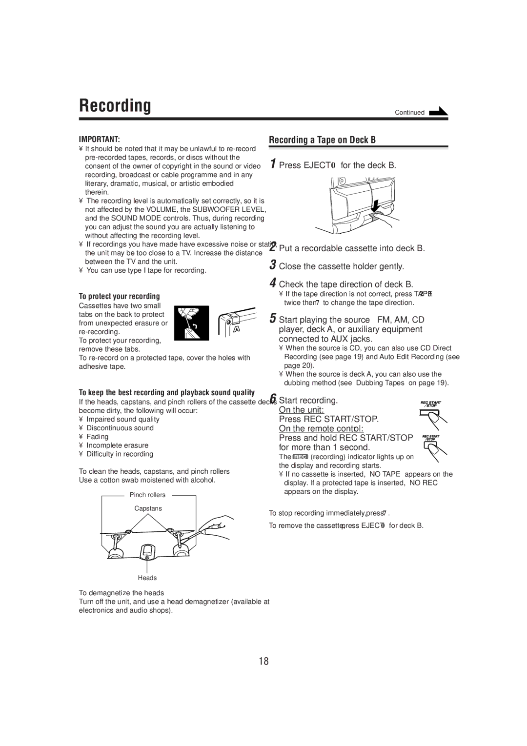 JVC MX-GT70 Recording a Tape on Deck B, To protect your recording, To clean the heads, capstans, and pinch rollers 