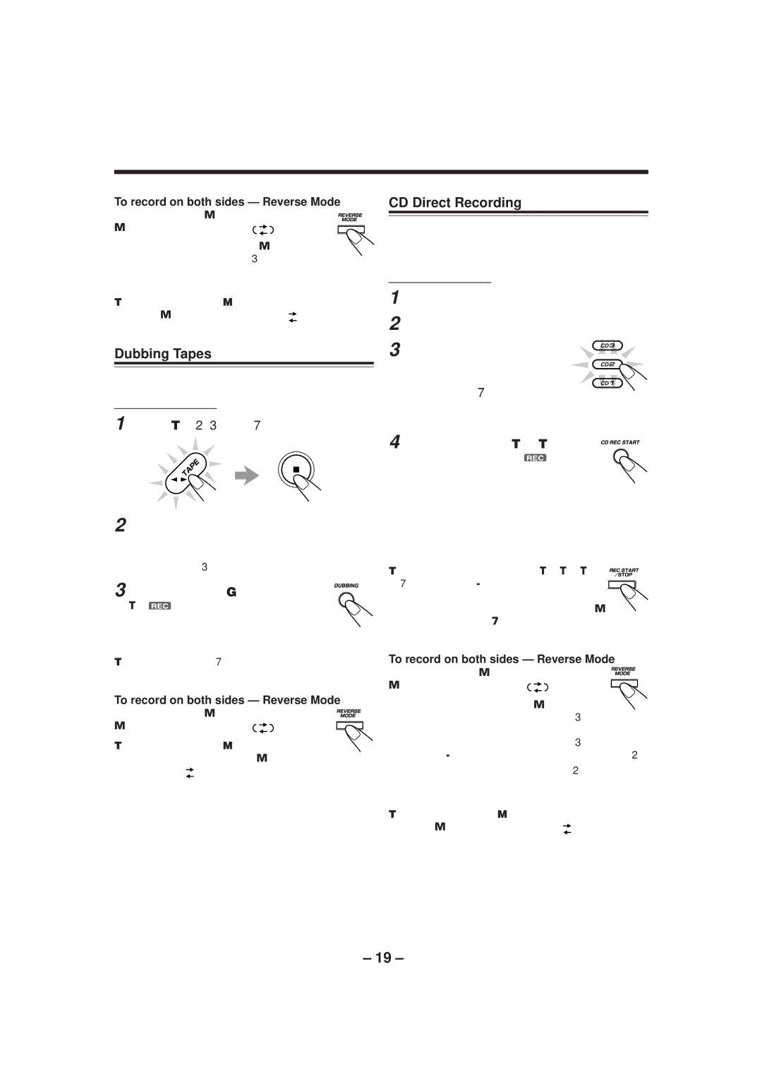 JVC MX-GT70 manual Dubbing Tapes, CD Direct Recording, Press Dubbing, To record on both sides Reverse Mode 