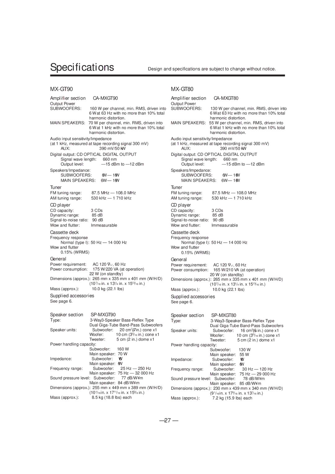 JVC MX-GT70 manual Specifications 