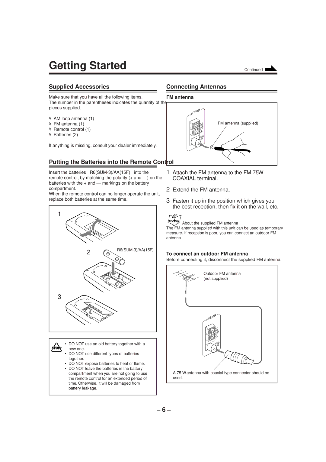 JVC MX-GT70 manual Getting Started, Supplied Accessories Connecting Antennas, To connect an outdoor FM antenna 