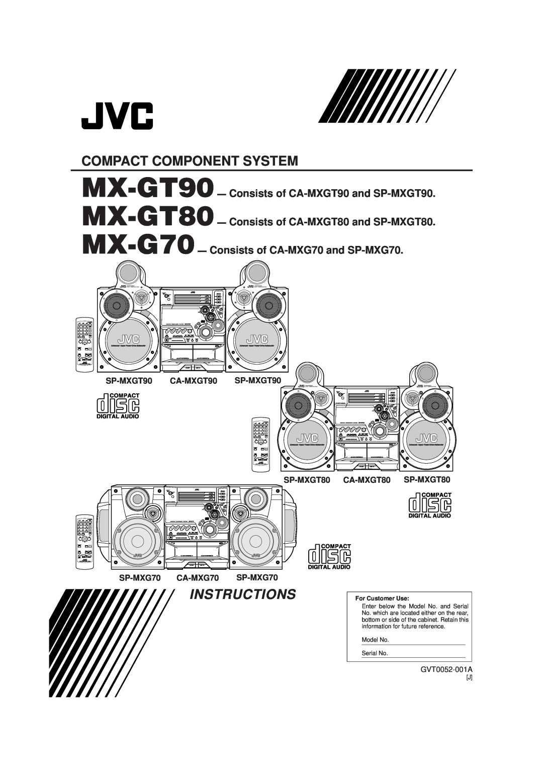JVC MX-GT70 manual Compact Component System, SP-MXGT90 CA-MXGT90, SP-MXG70, CA-MXG70, SP-MXGT80, CA-MXGT80, GVT0052-001A 