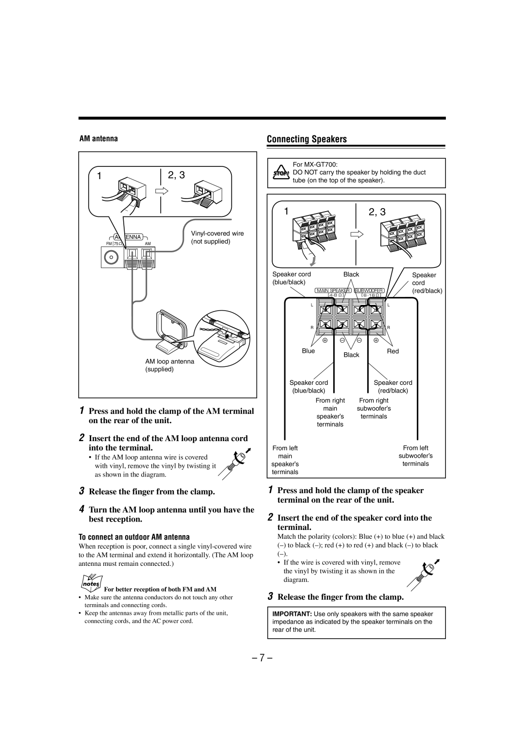 JVC MX-GT700 manual Connecting Speakers, Release the finger from the clamp, AM antenna 