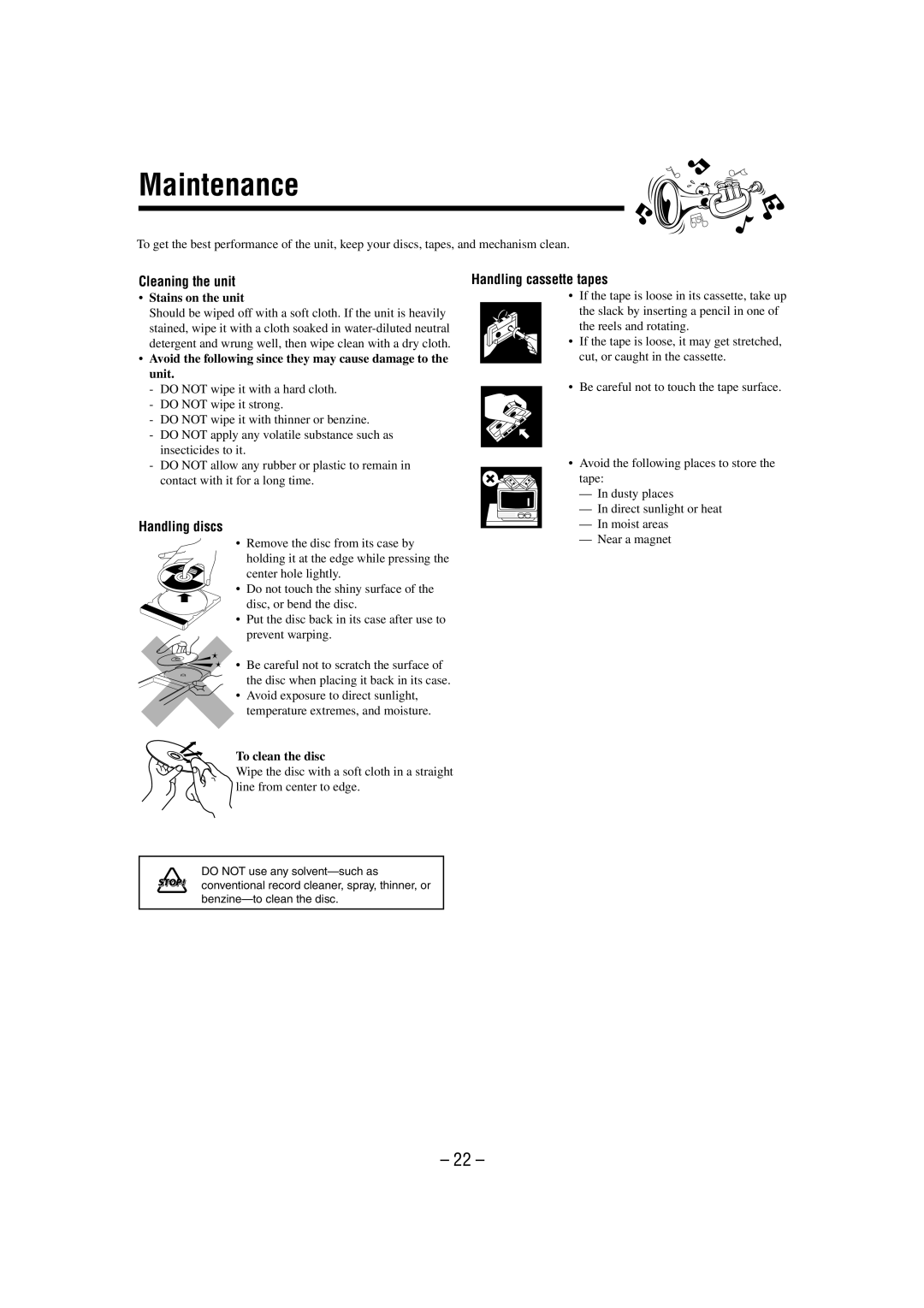 JVC MX-GT700 manual Maintenance, Cleaning the unit, Handling discs, Handling cassette tapes 