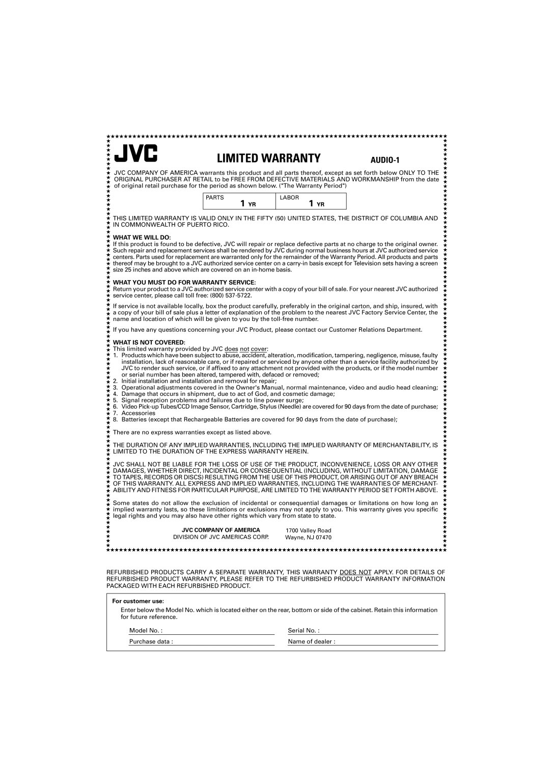 JVC MX-GT700 manual Limited Warranty 