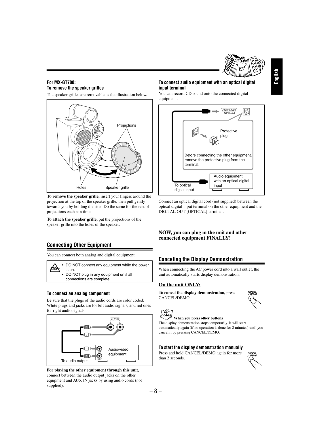 JVC manual Canceling the Display Demonstration, For MX-GT700 To remove the speaker grilles 