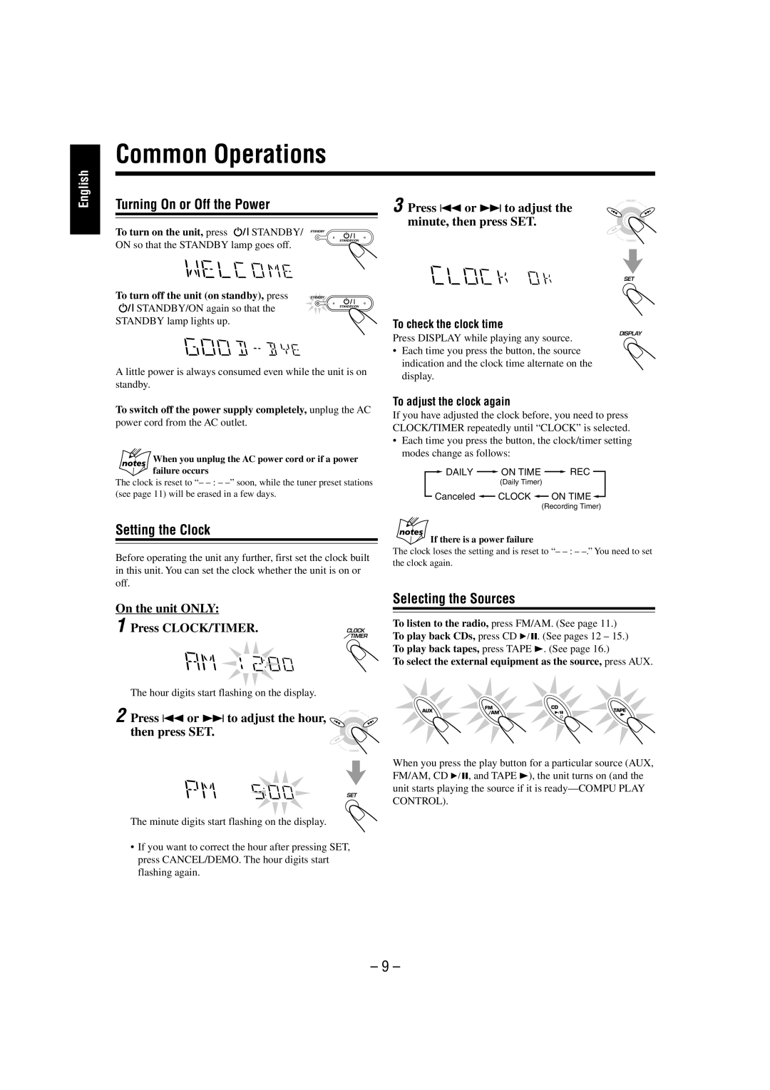 JVC MX-GT700 manual Common Operations, Press 4or ¢ to adjust the hour, then press SET 