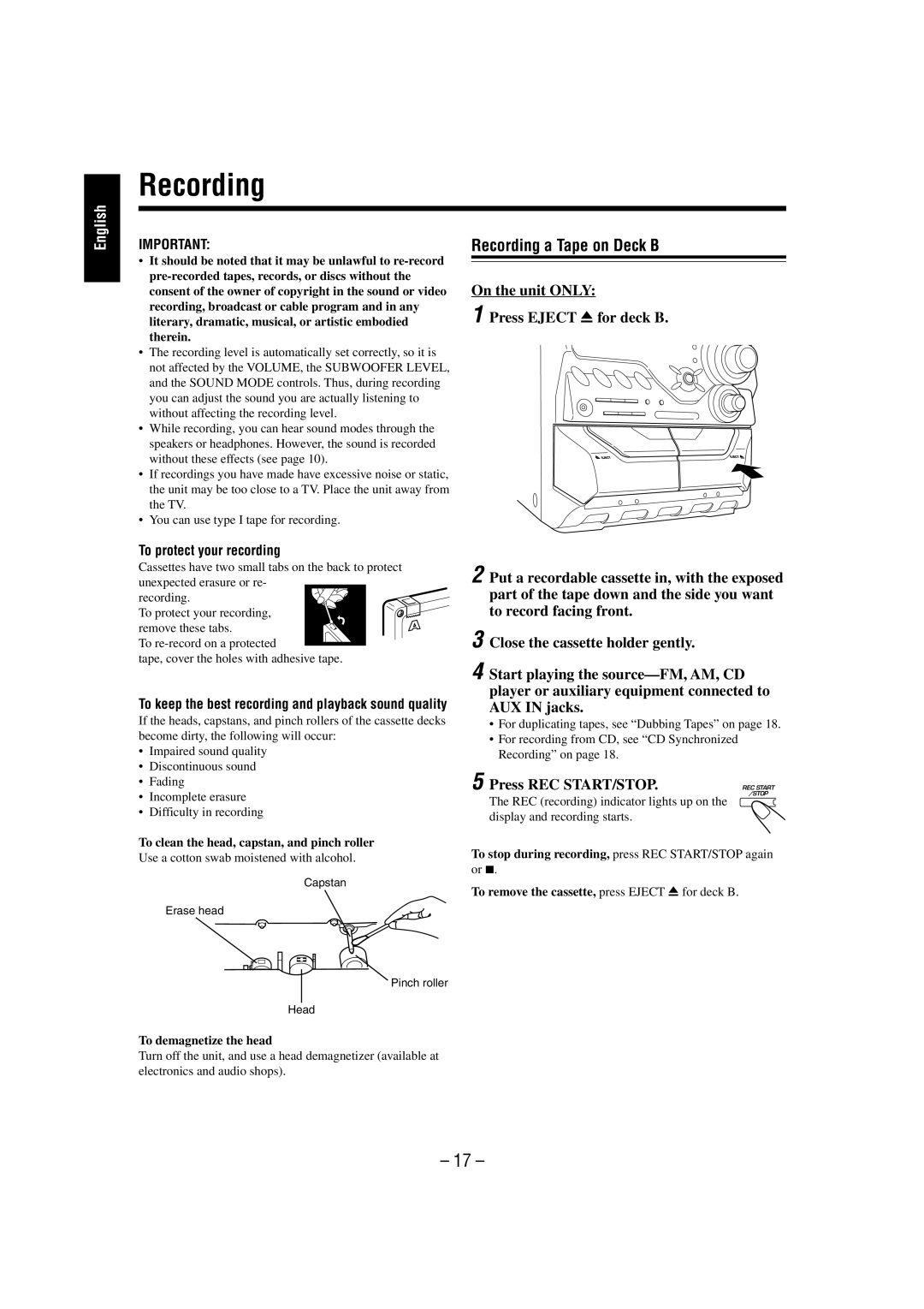 JVC MX-GT700 manual To protect your recording, English 