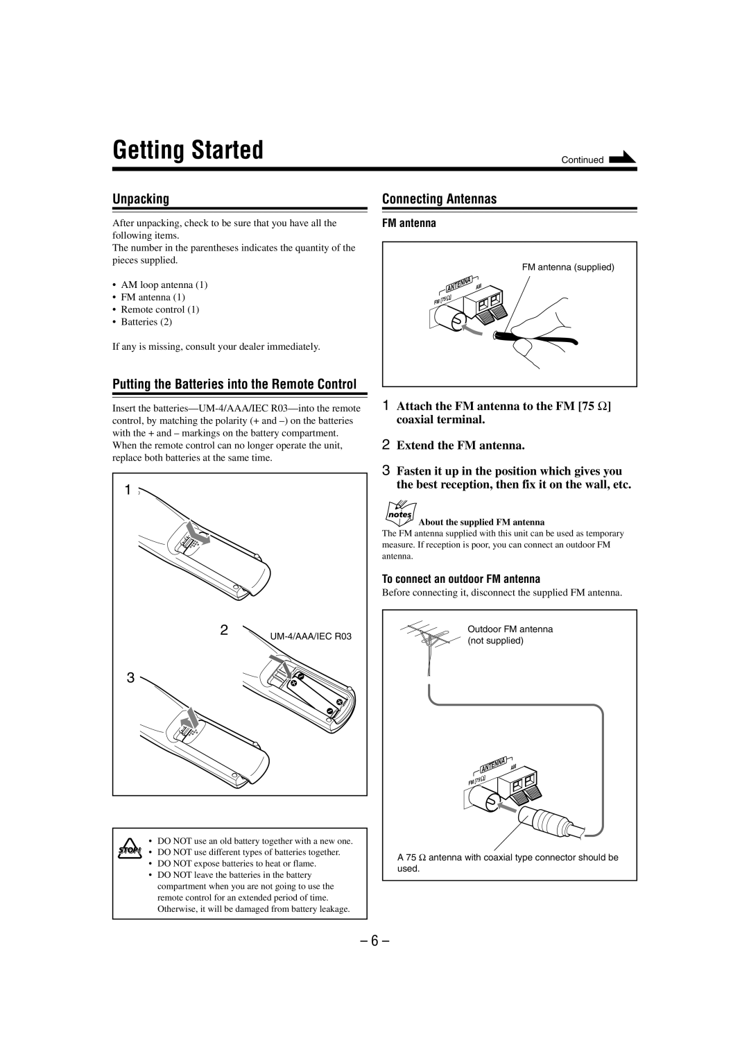 JVC MX-GT700 manual Getting Started, Unpacking, Connecting Antennas, To connect an outdoor FM antenna 