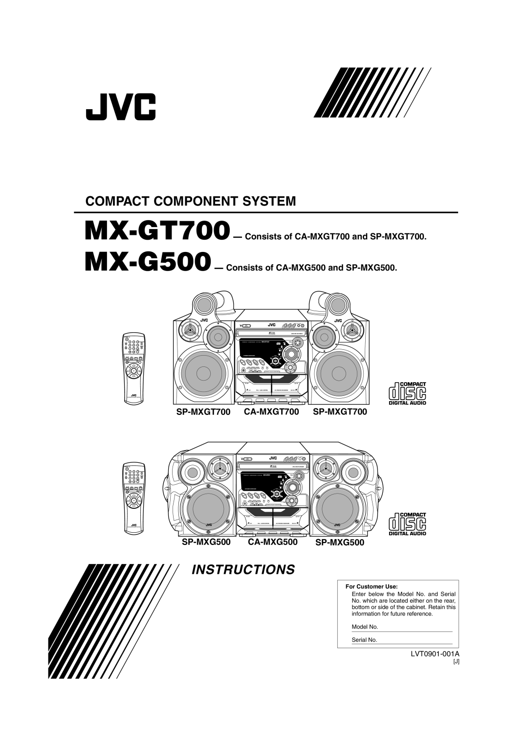 JVC MX-GT700 manual Compact Component System, Instructions, SP-MXGT700, CA-MXGT700, SP-MXG500 CA-MXG500 SP-MXG500, 3 CD 
